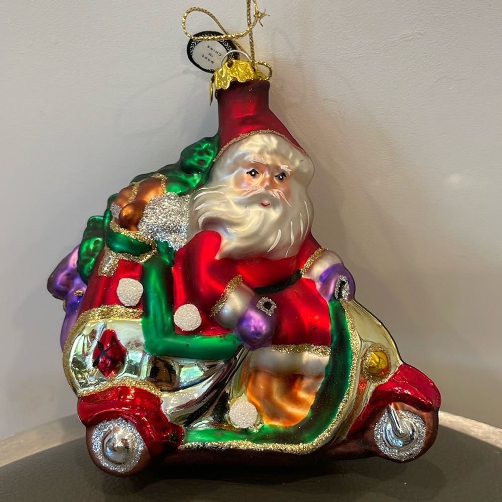 Vintage Collectible Mercury Glass Santa On Golf Scooter Vespa Christmas Ornament